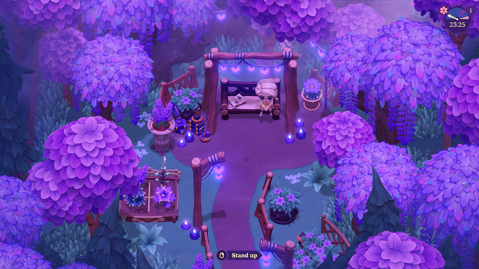 Moonlight Peaks gameplay screenshot showing the cozy gothic farm at night.