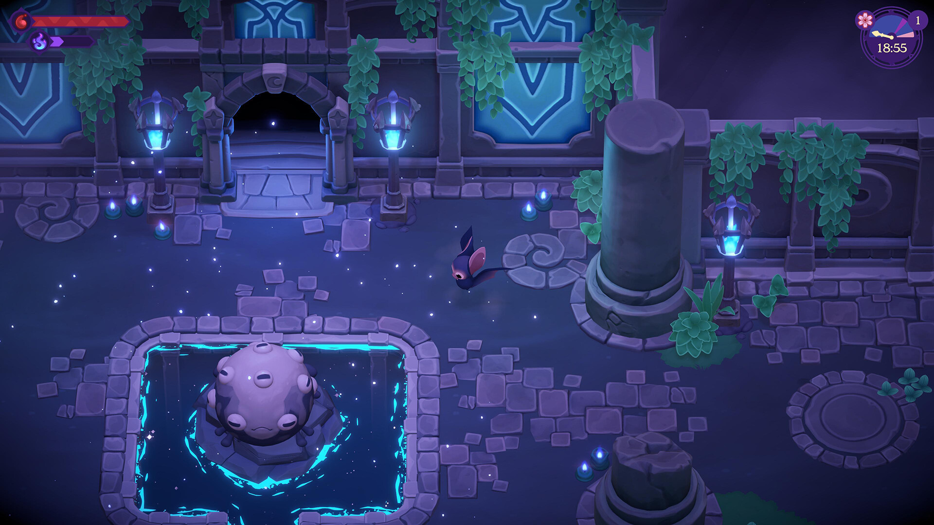 Moonlight Peaks screenshot showing magical crops and the night-time farm environment.
