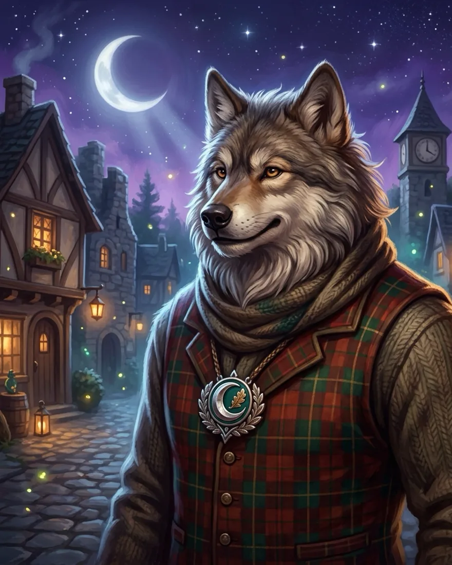 Logan, a kindly elder werewolf in a tartan waistcoat with a civic medallion.