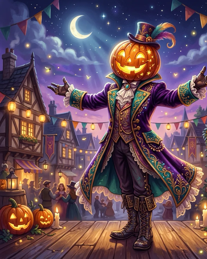 Pumpkin Head, a theatrical figure with a glowing carved-pumpkin head on stage.