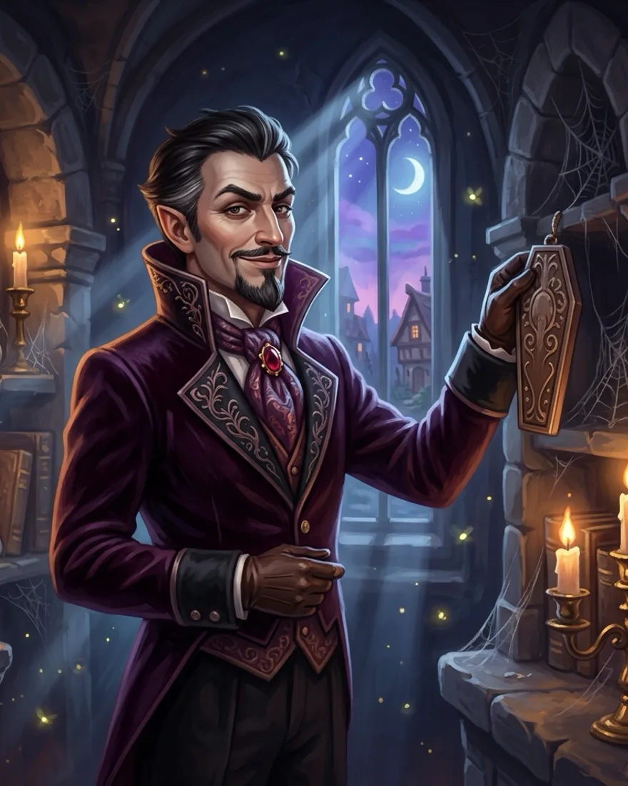 Viktor, a wry vampire gentleman decorating a candlelit crypt.