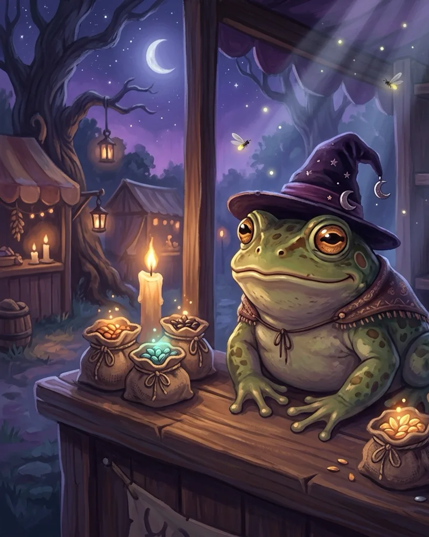 Yabbis the Magic Toad, a plump wise toad in a tiny wizard hat beside glowing seeds.