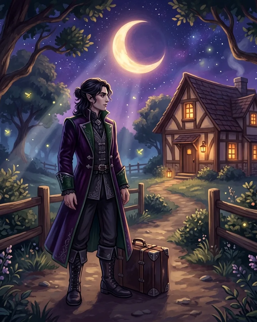 Your vampire player character in cozy-gothic attire on a moonlit farm path.