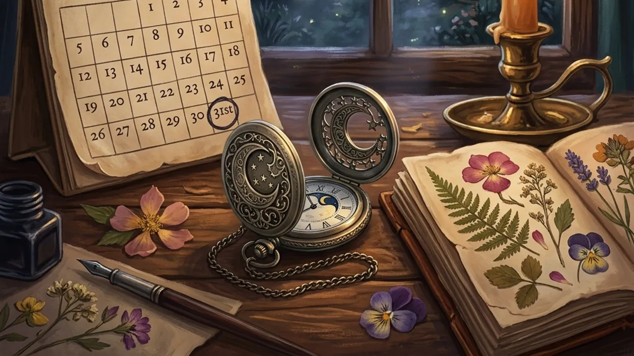An antique calendar with a circled night, candle and crescent-moon pocket watch for Moonlight Peaks.